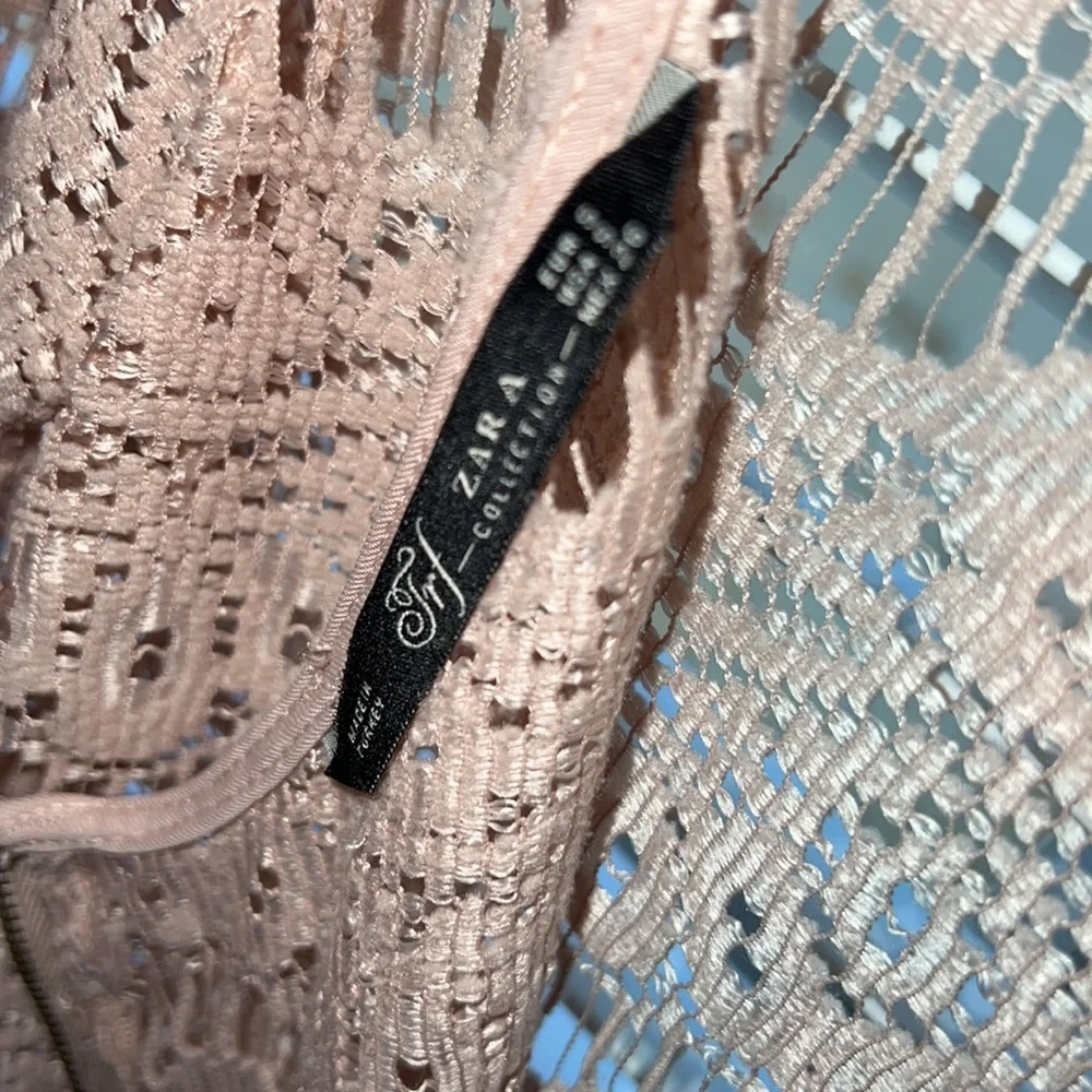 Zara Tan Cropped Embellished Sheer Blouse with 3/4 Sleeves Size Small